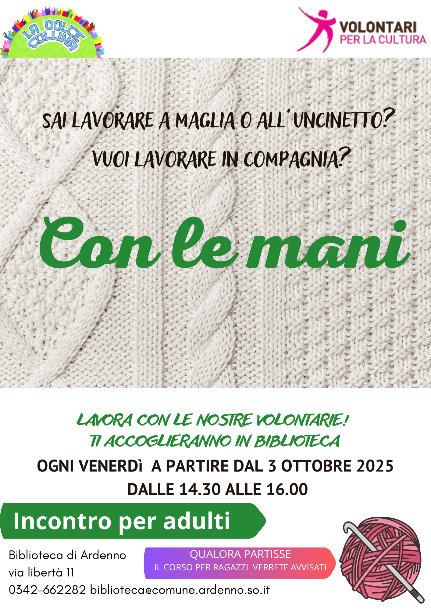 Lavoro a maglia e all'uncinetto in biblioteca